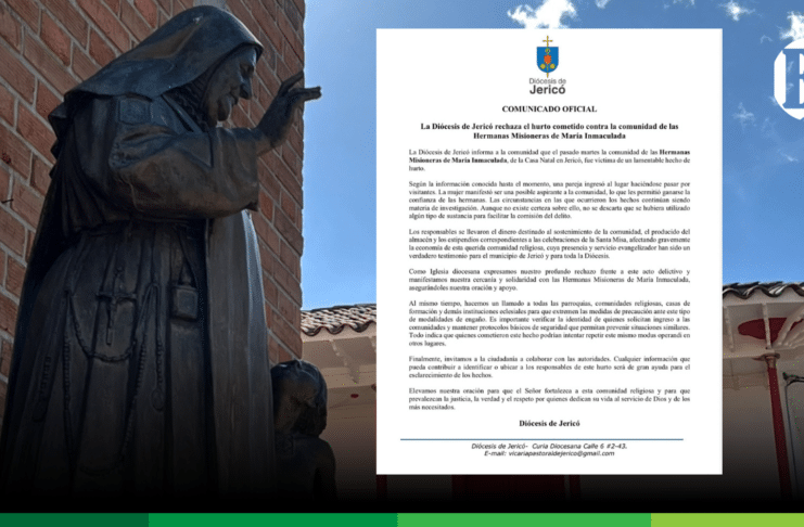 En Jericó: Diócesis rechaza hurto contra comunidad de las Hermanas Misioneras de María Inmaculada
